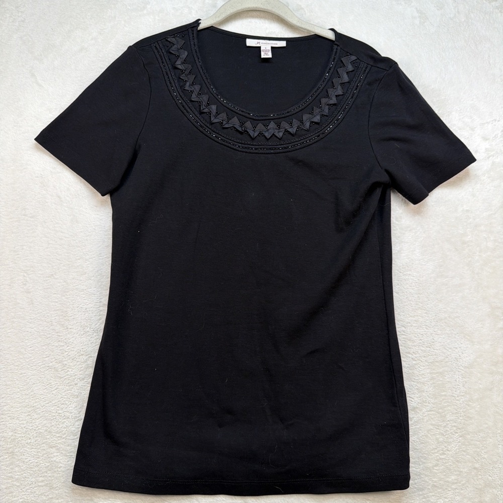 JM Collection‎ Black Beaded Embellished Scoop Neck Knit Top Career Small